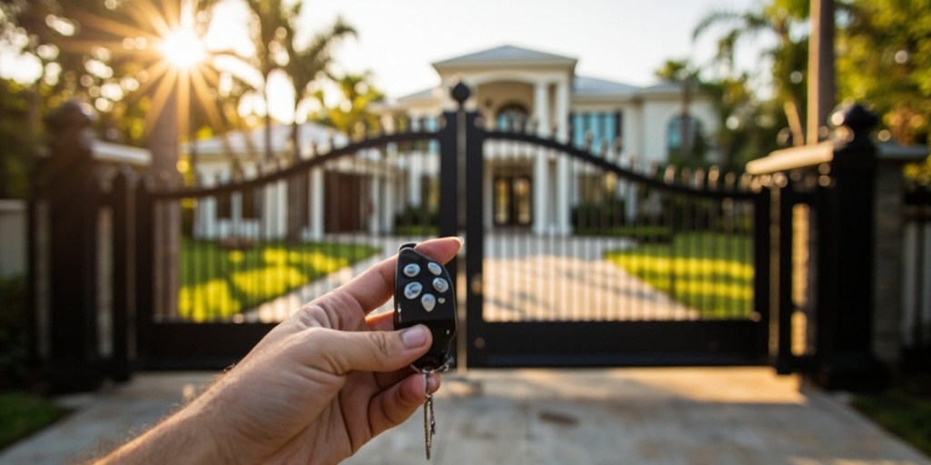 Gemu RF wireless keychain remote control in hand, modern Mediterranean villa with wrought-iron entrance gate in background